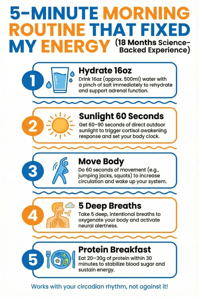 Infographic titled '5-Minute Morning Routine That Fixed My Energy (18 Months Science-Backed Experience)'.