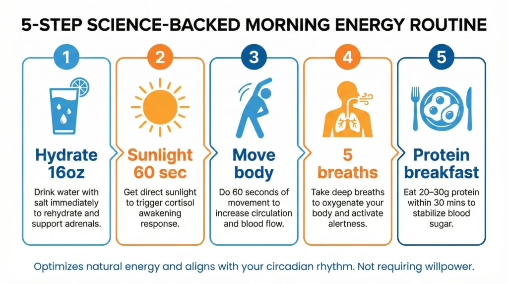 Infographic showing 5-step morning routine for energy with hydration, sunlight, movement, breathing, and protein breakfast