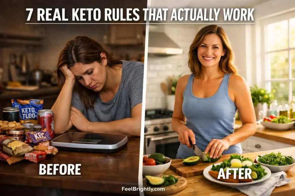 Before and after lifestyle comparison showing transformation from struggling with processed keto to thriving with clean whole food ketogenic diet - 7 real keto rules that work - FeelBrightly.com