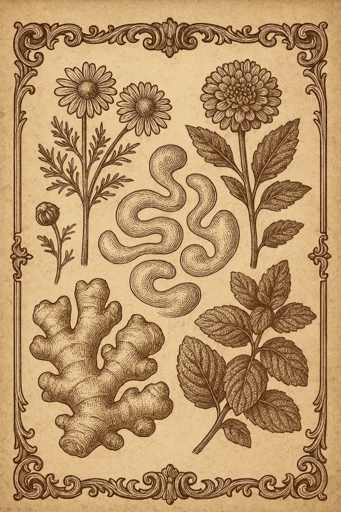 Vintage apothecary engraving of gut–skin wellness botanicals