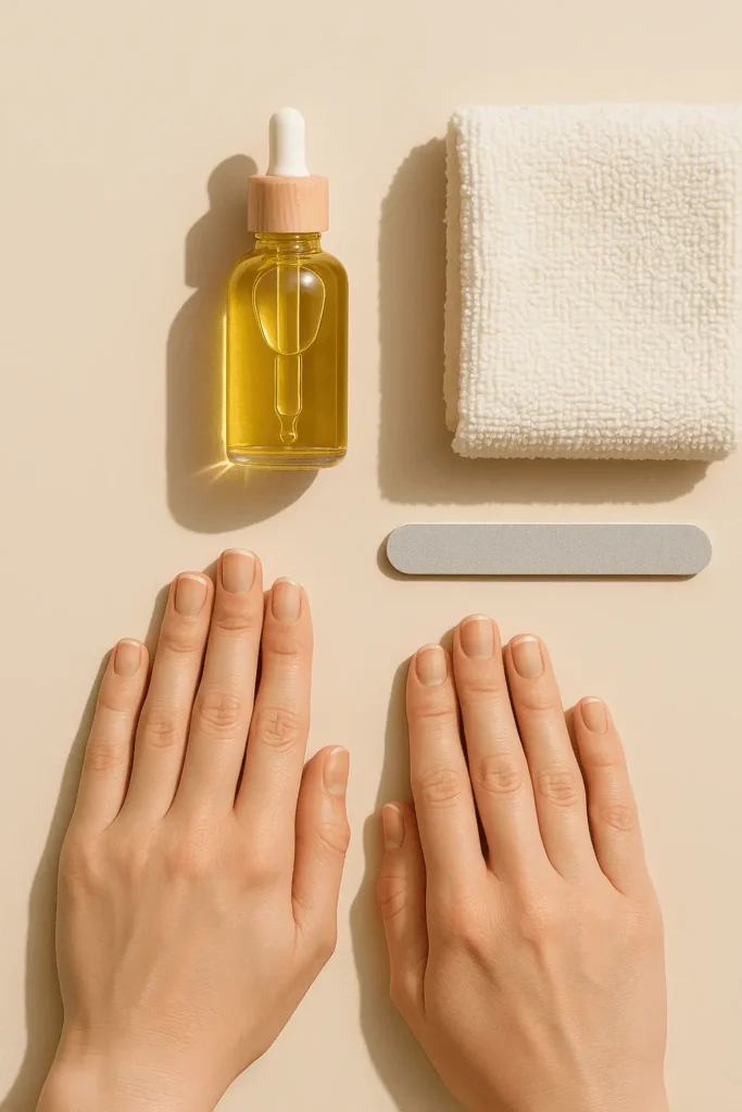 Soft minimal graphic-style image featuring natural nails with short text space on the side, muted cream background, warm daylight, spa-like aesthetic. No human faces, clean design, perfect for Pinterest wellness content.