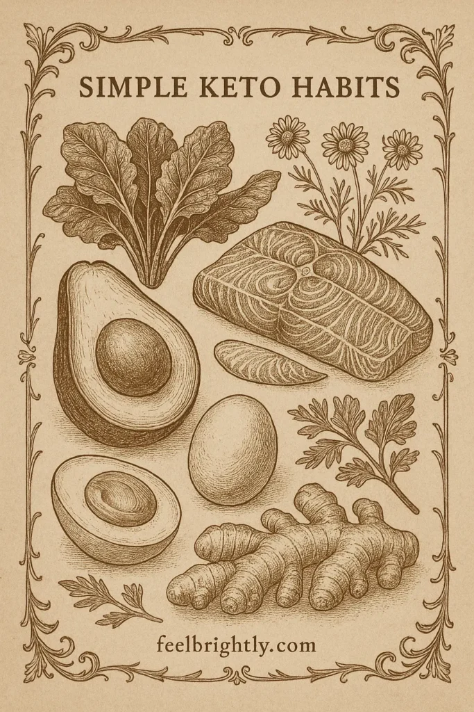 Old-world botanical engraving of a calm keto morning: herbal tea steam swirling around eggs, greens and avocado.