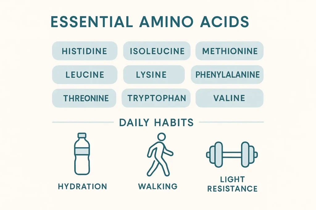 Infographic showing amino acids and daily habits that naturally support muscle strength in older adults.
