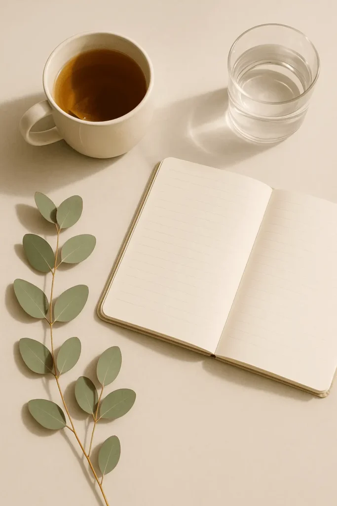 Minimalist wellness flatlay with tea, journal, and water to support natural mental clarity and calm focus.