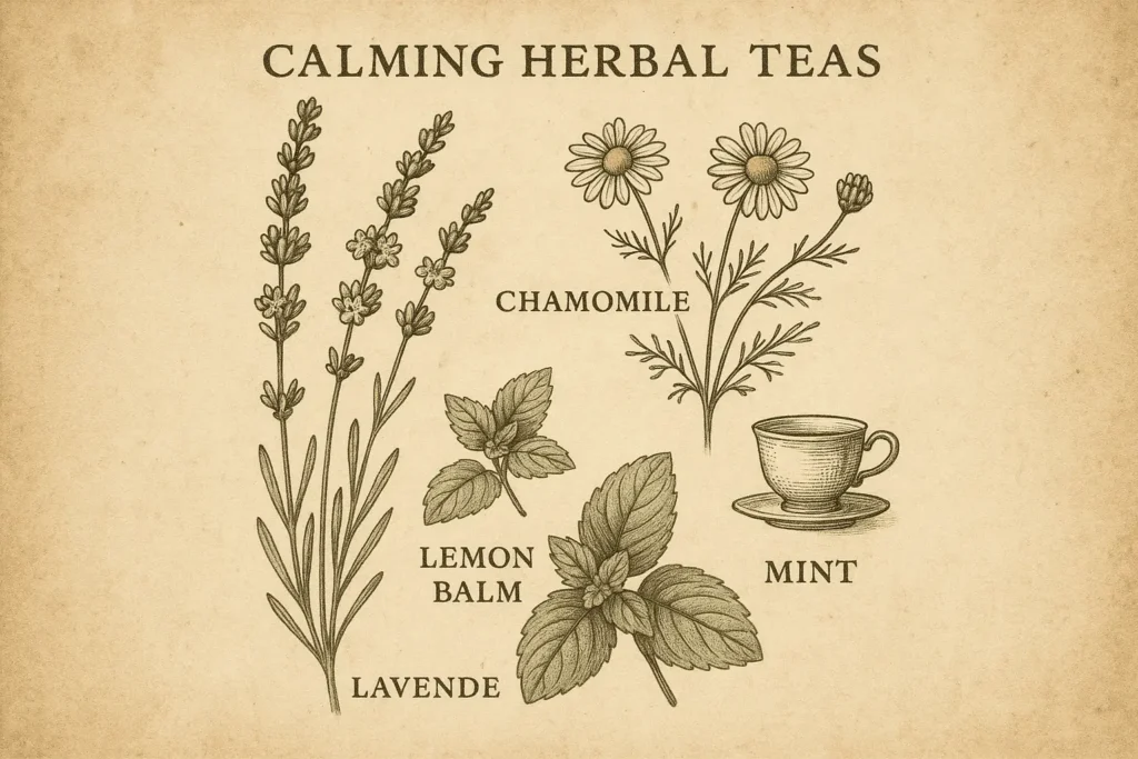 Vintage herbal tea illustration with lavender, chamomile, lemon balm, and mint.