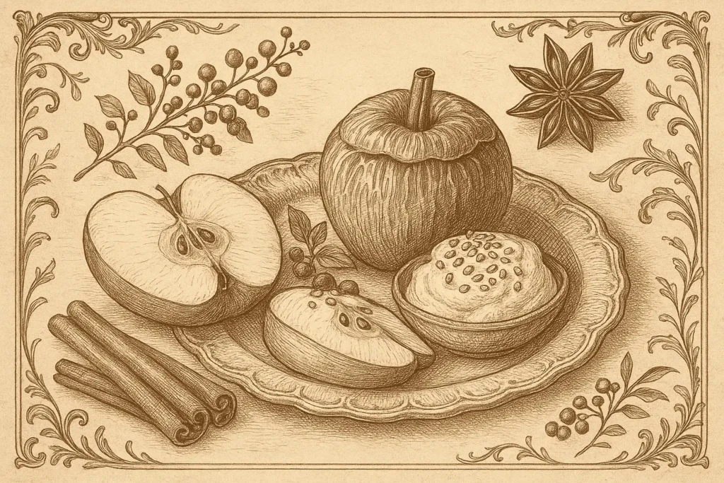Vintage botanical illustration of baked cinnamon apples, berries, coconut yogurt, and hemp seeds.