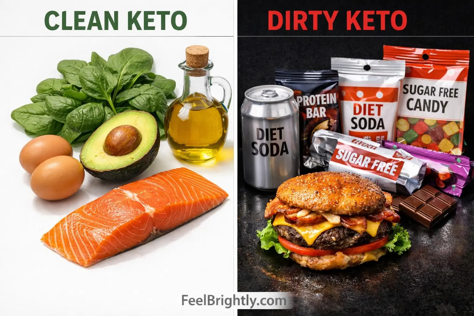 Visual comparison of clean keto whole foods versus dirty keto processed junk food - why food quality matters for sustainable ketosis - FeelBrightly.com