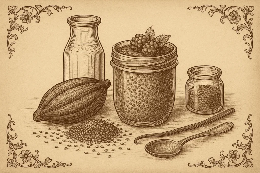 Old-world sepia engraving of chia pudding ingredients like cocoa, chia seeds, almond milk, and vanilla.