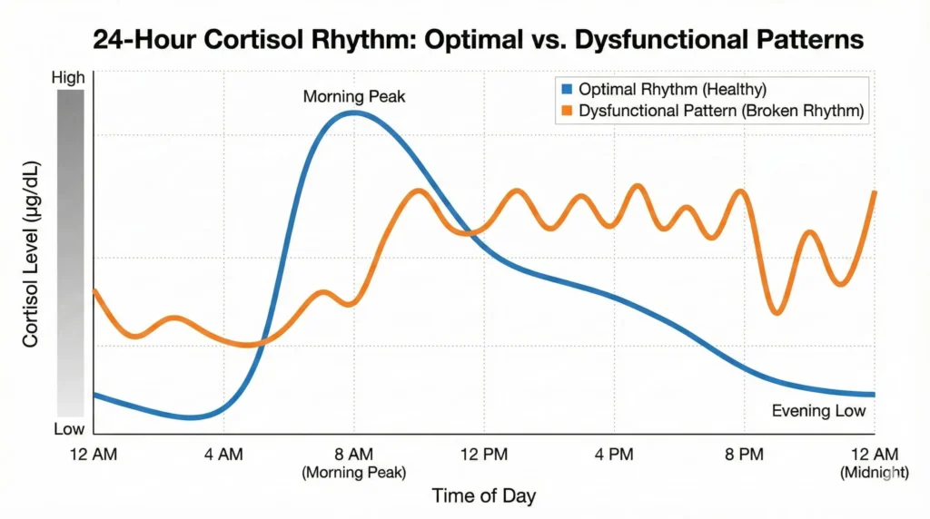 Scientific chart showing normal daily cortisol rhythm with morning peak and evening decline for optimal energy and sleep