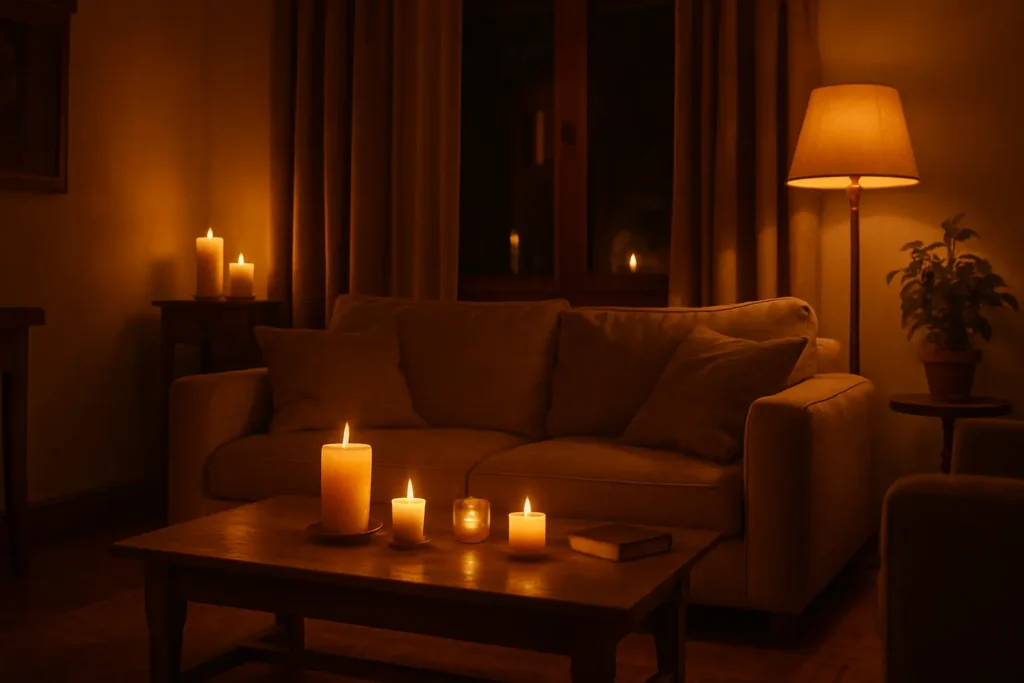 Soft candle-lit room with warm light for relaxation before sleep.