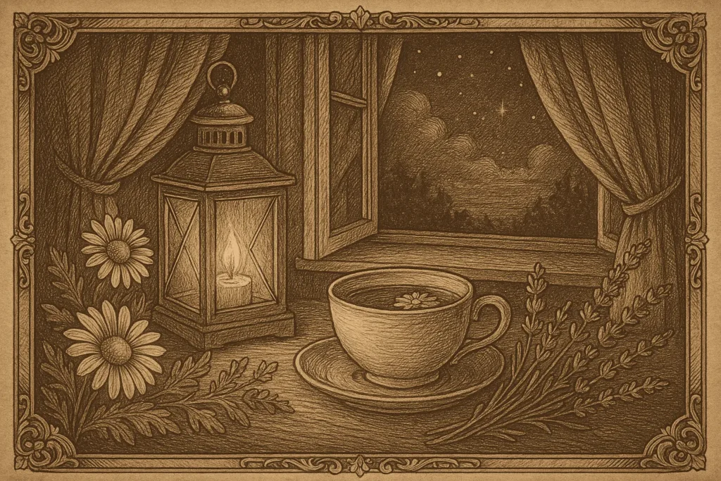 Victorian-style illustration of a calm evening scene with chamomile tea, lavender and soft warm light.