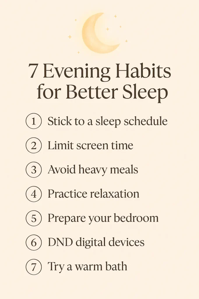 Pinterest graphic for 7 evening habits that improve sleep naturally.