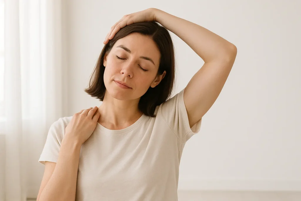 Woman doing gentle morning stretches to support brain clarity and circulation.