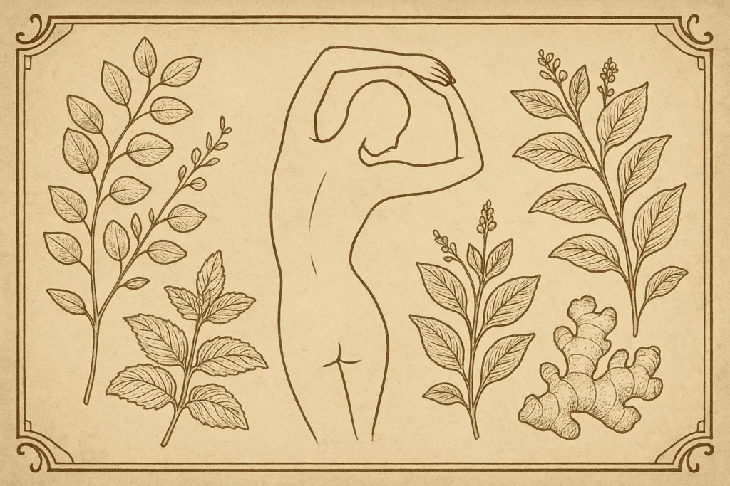 Antique apothecary engraving of light stretching surrounded by eucalyptus, mint and ginger.