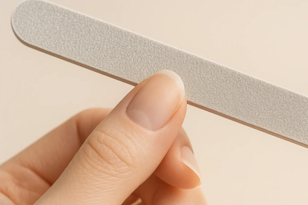 A fine-grit file shaping a natural nail in one direction to prevent damage.
