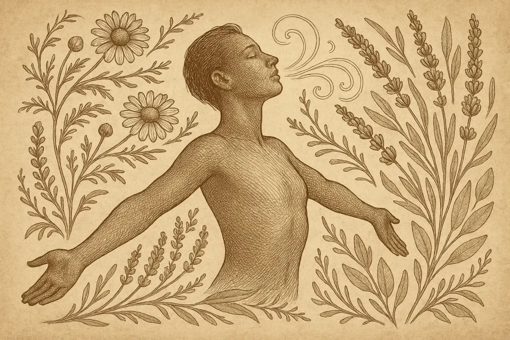 Old-world apothecary illustration of a calm breathing and stretching ritual with chamomile and lavender.