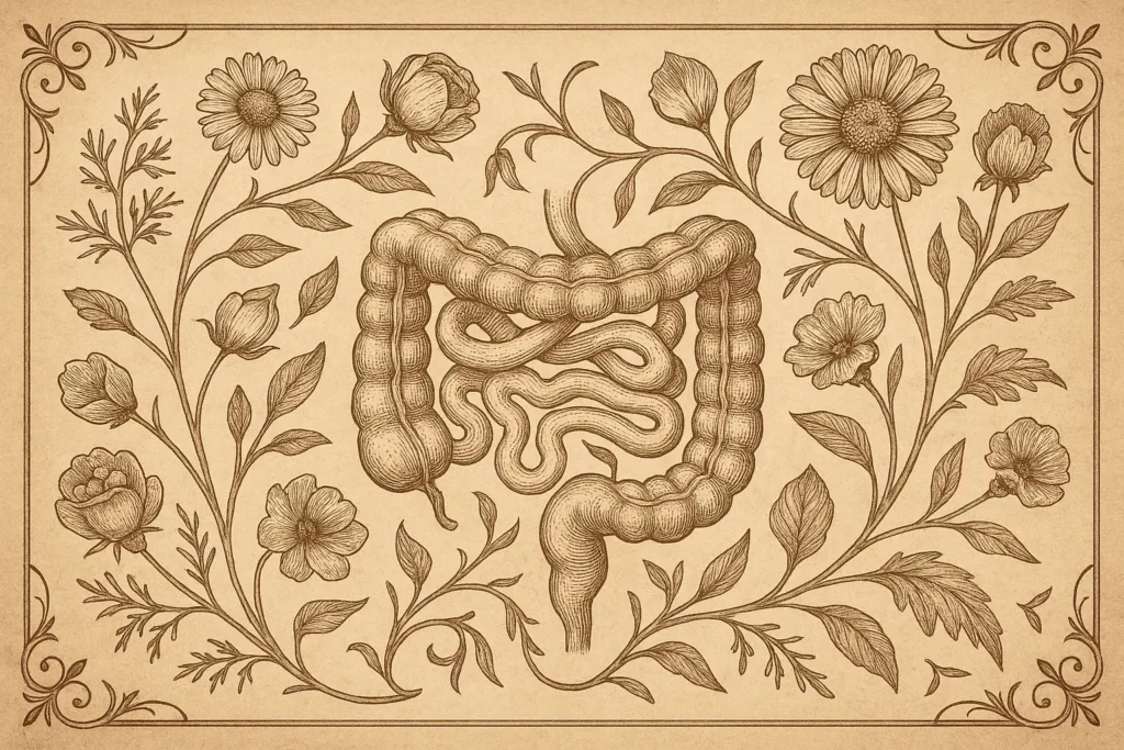 Vintage scientific botanical engraving showing vines connecting the gut symbol to blooming flowers.
