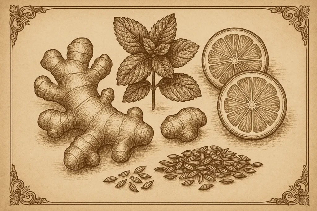 Vintage botanical still-life of ginger, lemon slices, mint and fennel on sepia parchment.