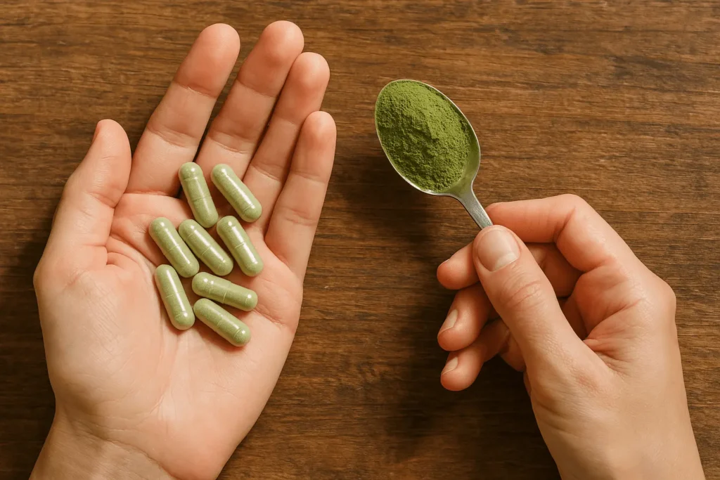 Hands holding Moringa powder and capsules for daily use
