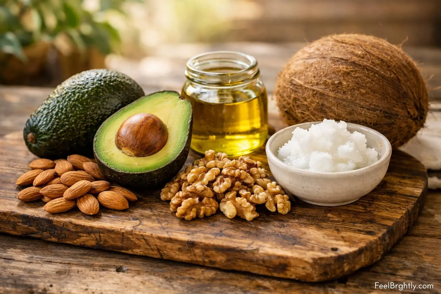 Healthy keto fats spread on wooden board: avocado, almonds, walnuts, olive oil in glass jar, coconut - foods that fuel ketosis naturally - FeelBrightly.com