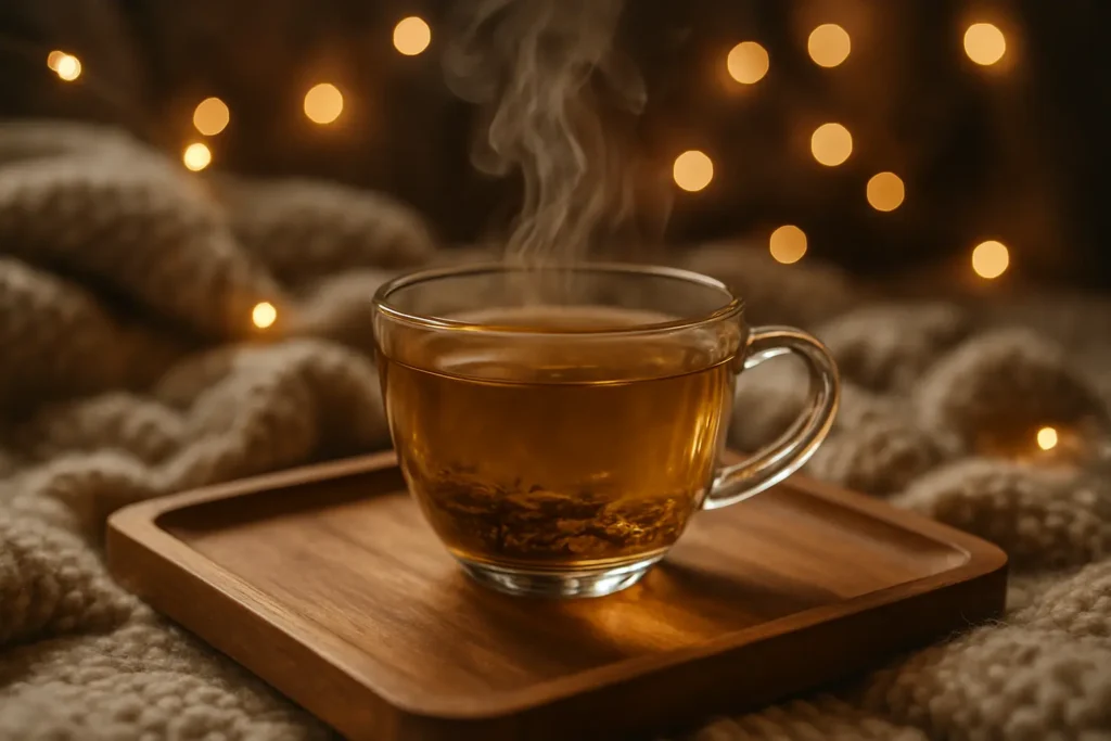 Warm cup of herbal tea at night creating a calm atmosphere before sleep.