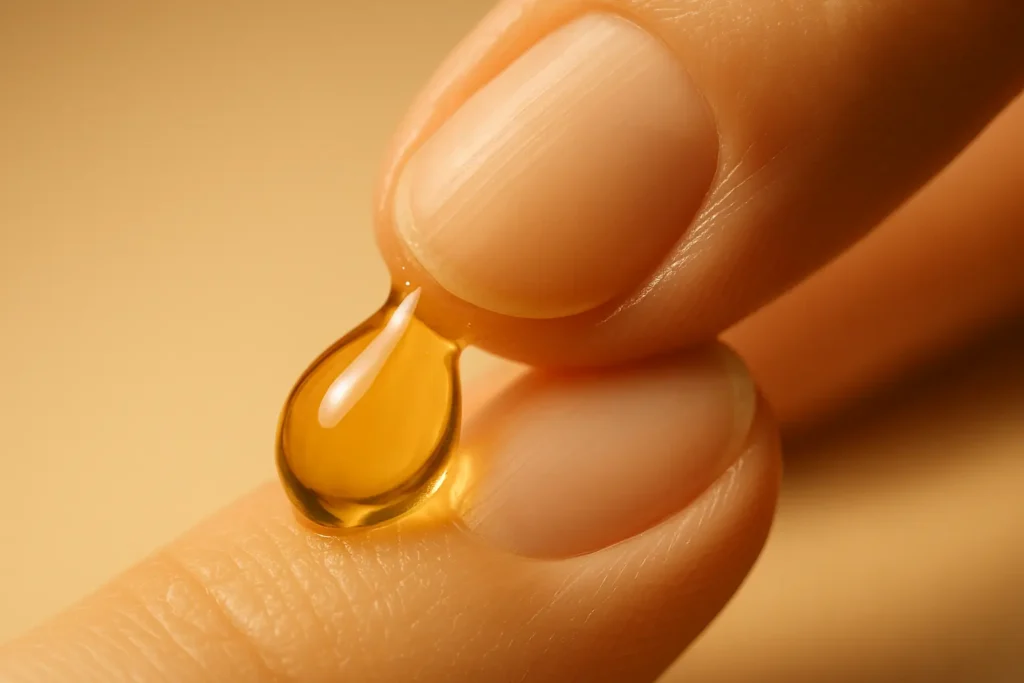 A drop of jojoba oil being massaged into a natural nail to improve hydration.
