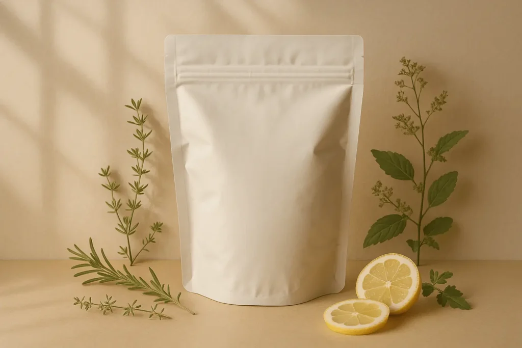 Calm vintage-style collagen bottle with botanical elements and soft natural light