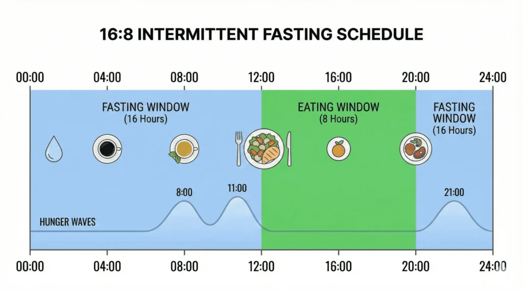 Visual timeline showing 16:8 intermittent fasting daily schedule with eating window and fasting period marked clearly