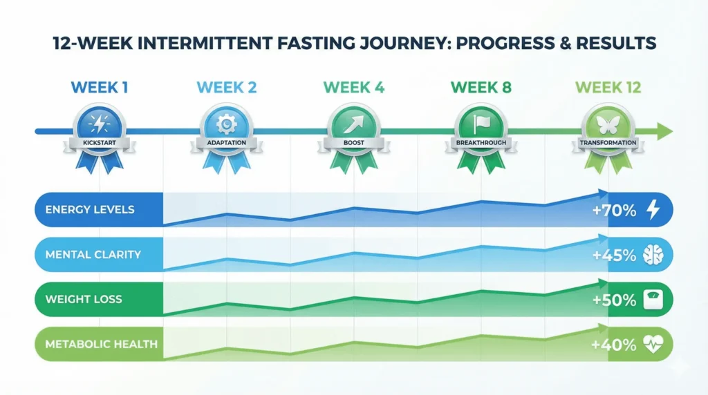 Timeline chart showing intermittent fasting benefits progression including autophagy, fat adaptation, and energy improvements over 12 weeks