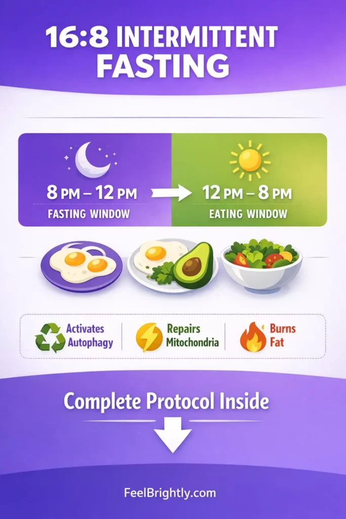 Pinterest infographic showing 16:8 intermittent fasting protocol for cellular repair with autophagy activation timeline, eating window schedule, and mitochondrial repair benefits