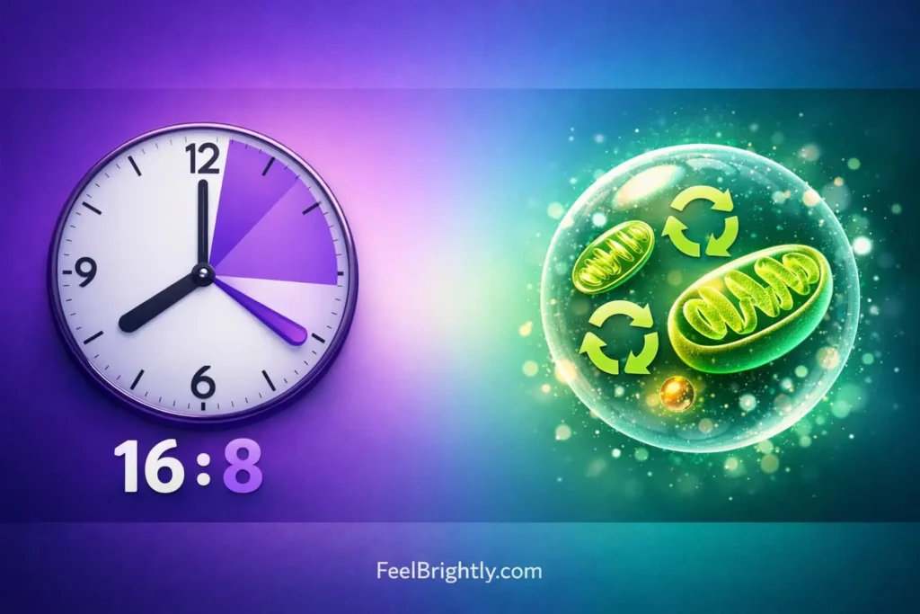 Complete guide to intermittent fasting for cellular repair featuring 16:8 protocol and autophagy activation for mitochondrial health and metabolic optimization