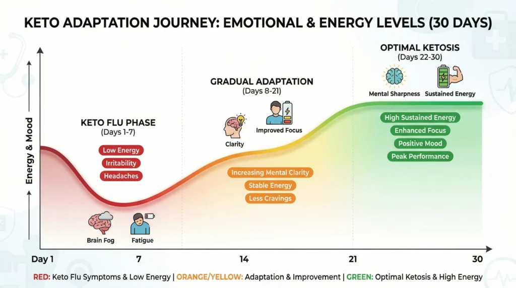 Visual timeline showing keto adaptation phases from day 1 to 30 with symptoms brain fog fatigue and energy improvements marked at each stage including keto flu and fat adaptation milestones