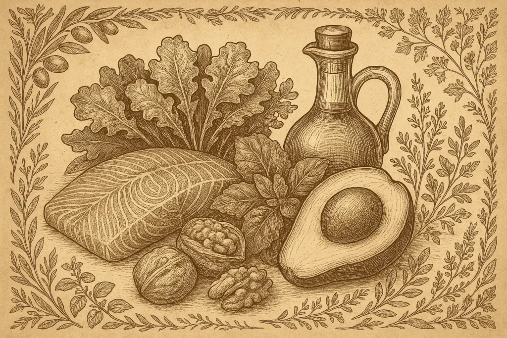 Old-world engraving showing keto-friendly protein, healthy fats and colorful botanical ingredients