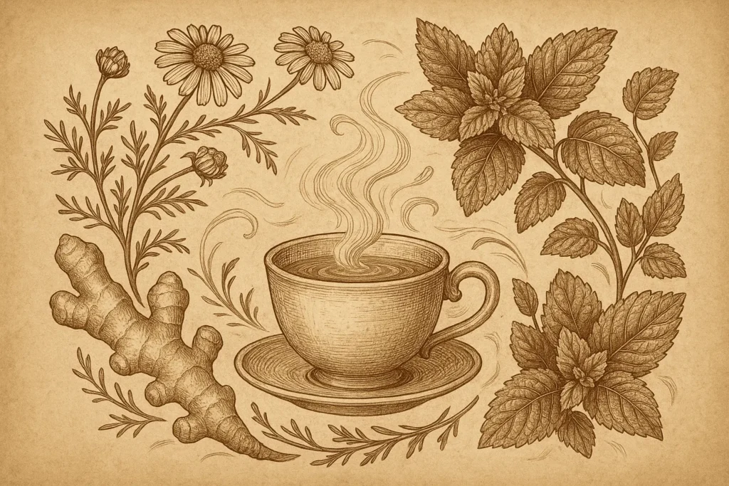 Vintage botanical illustration of chamomile, peppermint, ginger and lemon balm for digestive support.