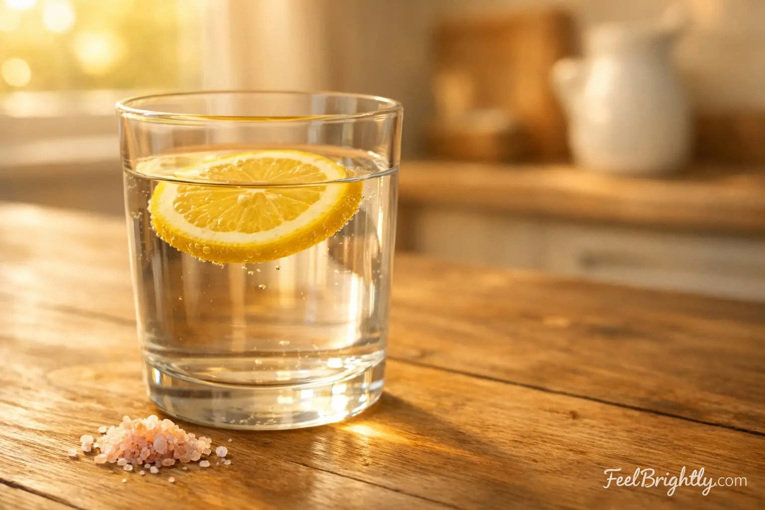 Glass of water with lemon slice and pinch of sea salt on wooden table in morning sunlight - keto electrolyte hydration ritual - FeelBrightly.com