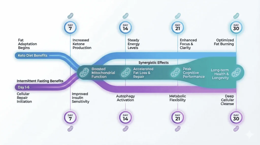 Timeline chart showing the synergistic effects of combining ketogenic diet with intermittent fasting on mitochondrial health autophagy and ketone production over 30 days