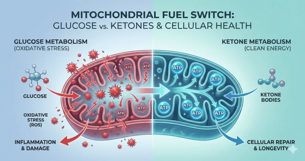 Ketogenic diet and mitochondria connection showing how ketones optimize cellular energy production for sustained mental clarity and physical performance