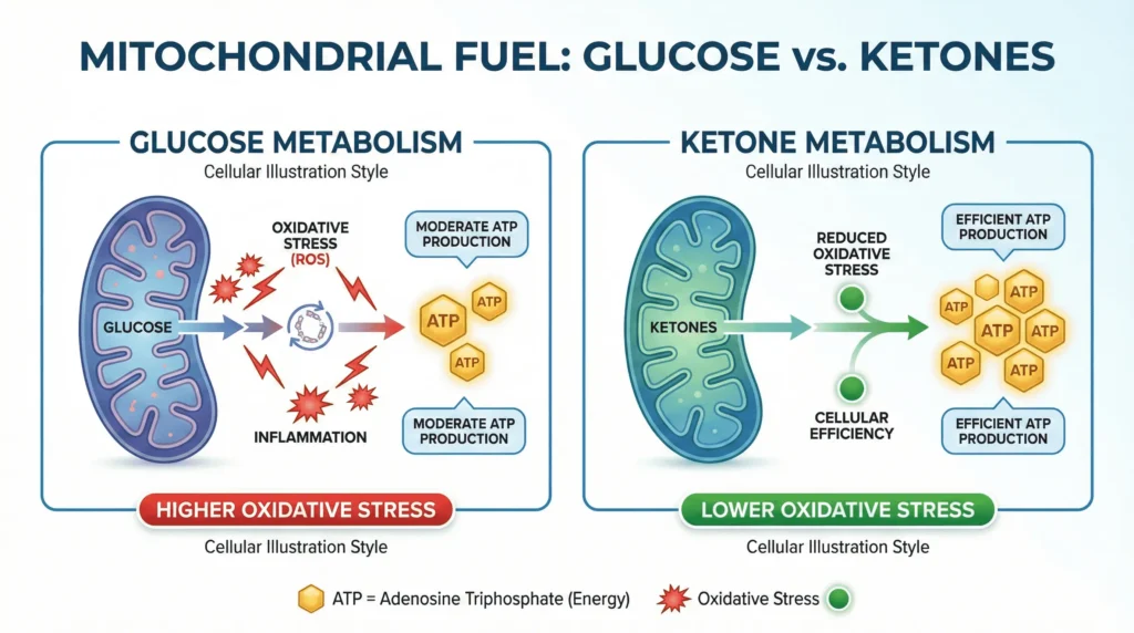 Scientific diagram comparing how ketones and glucose fuel mitochondria showing ketones produce less oxidative stress and more efficient ATP production in cellular energy factories