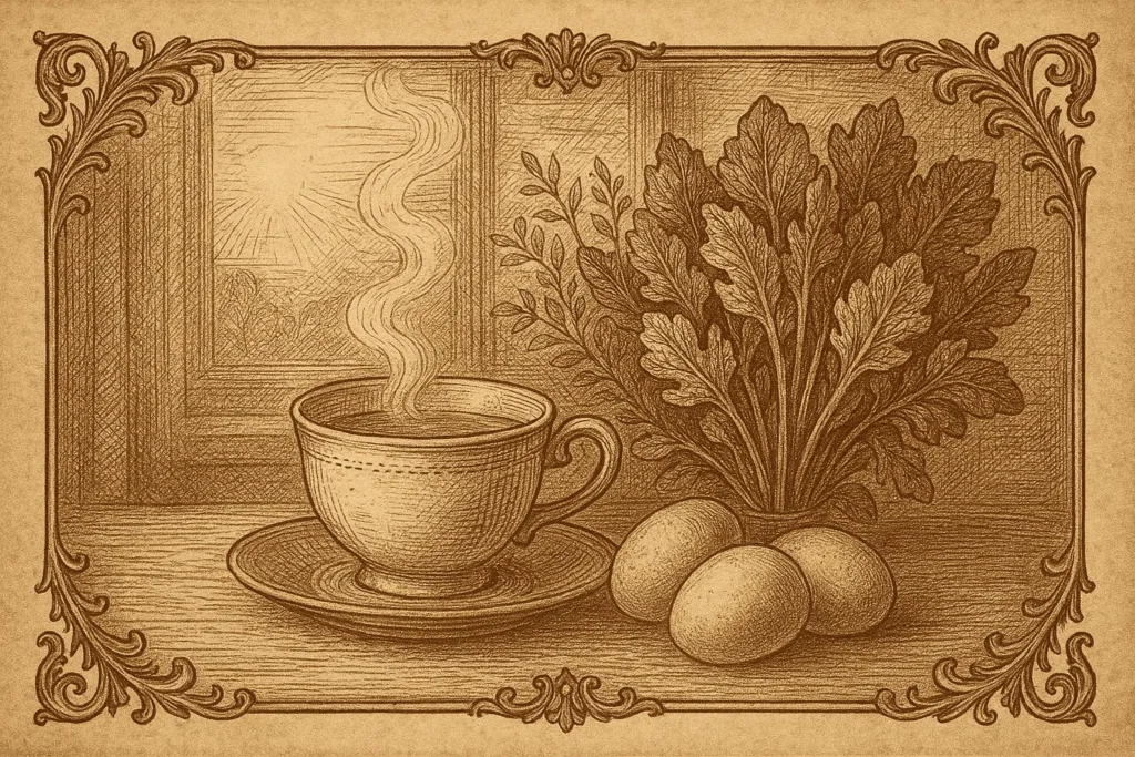 Vintage botanical illustration of herbal tea, eggs and greens for a calming keto morning.