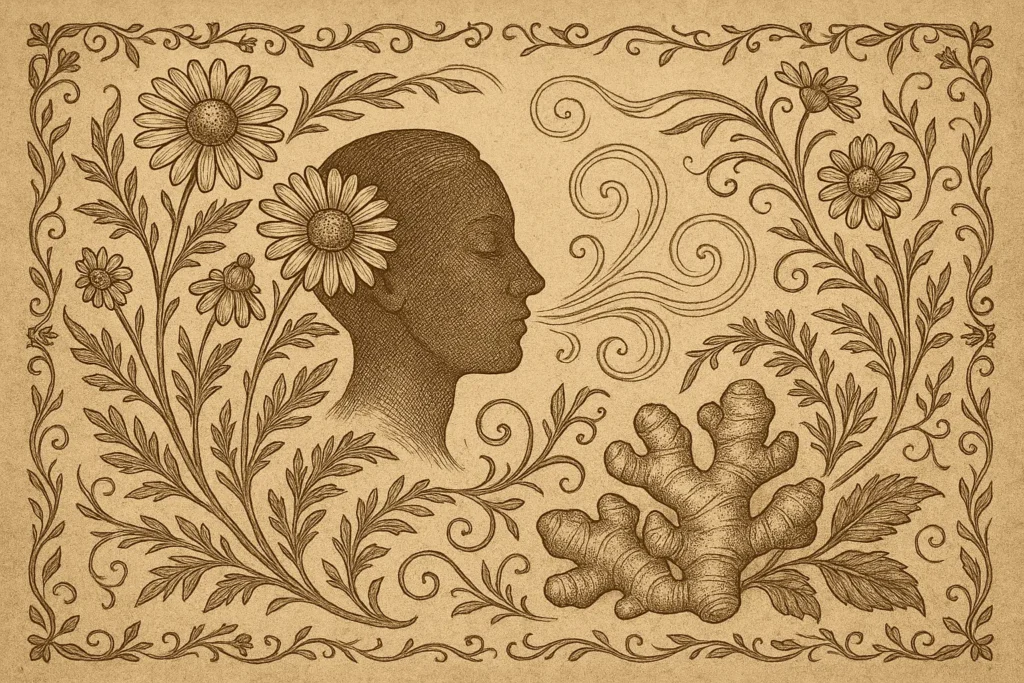 Old-world illustration of a gentle breathing and tea ritual supporting keto balance.