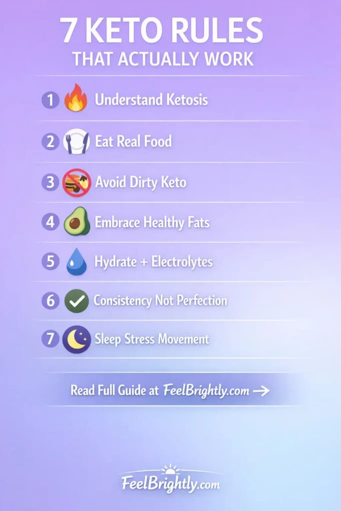 7 proven keto rules infographic: understand ketosis, eat real food, avoid dirty keto, embrace healthy fats, hydrate with electrolytes, focus on consistency, prioritize sleep and stress management - FeelBrightly.com