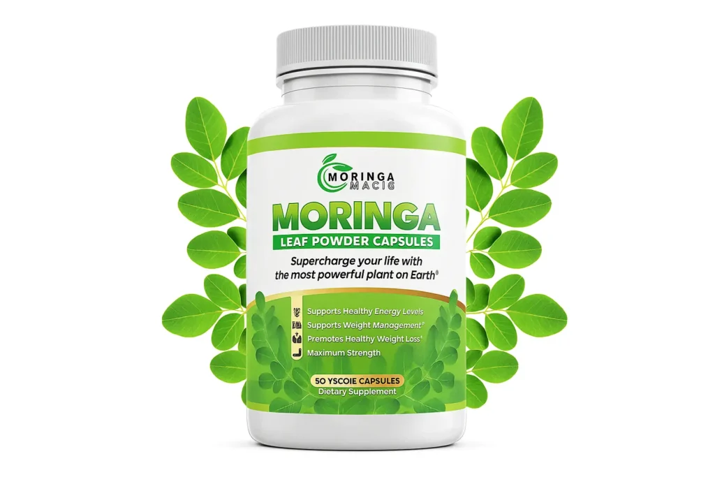 Magic of Moringa supplement bottle with green leaves on white background