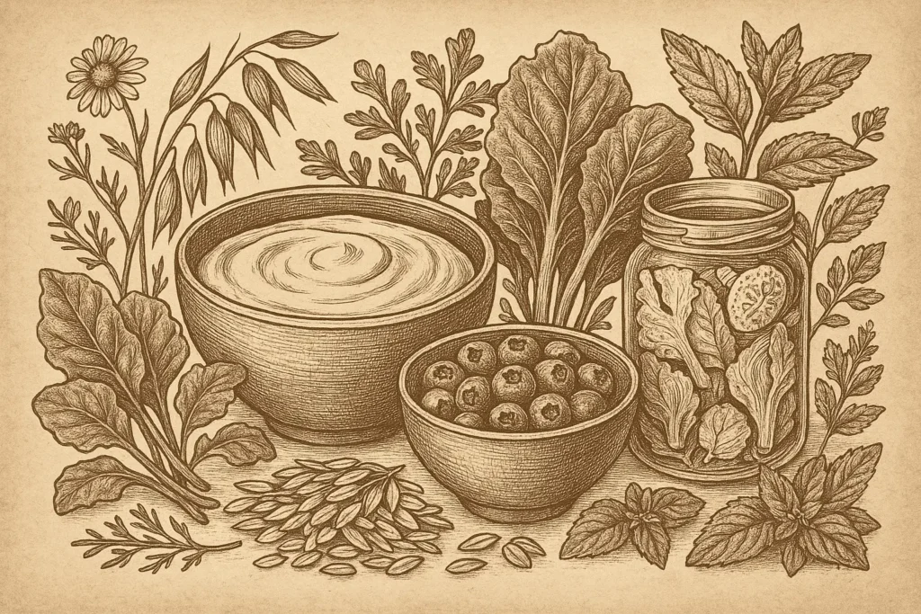 Vintage botanical engraving of yogurt, blueberries, leafy greens and fermented foods that support gut health.