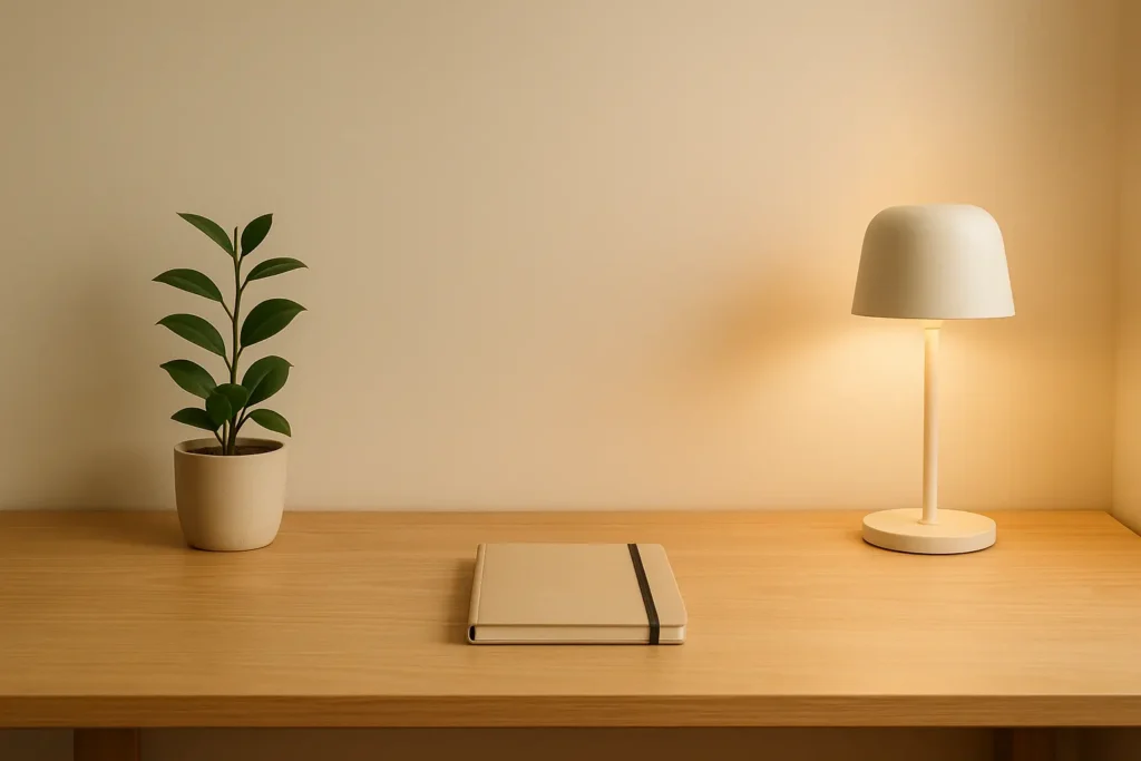 Minimalist tidy workspace reducing micro-stressors for clearer focus.