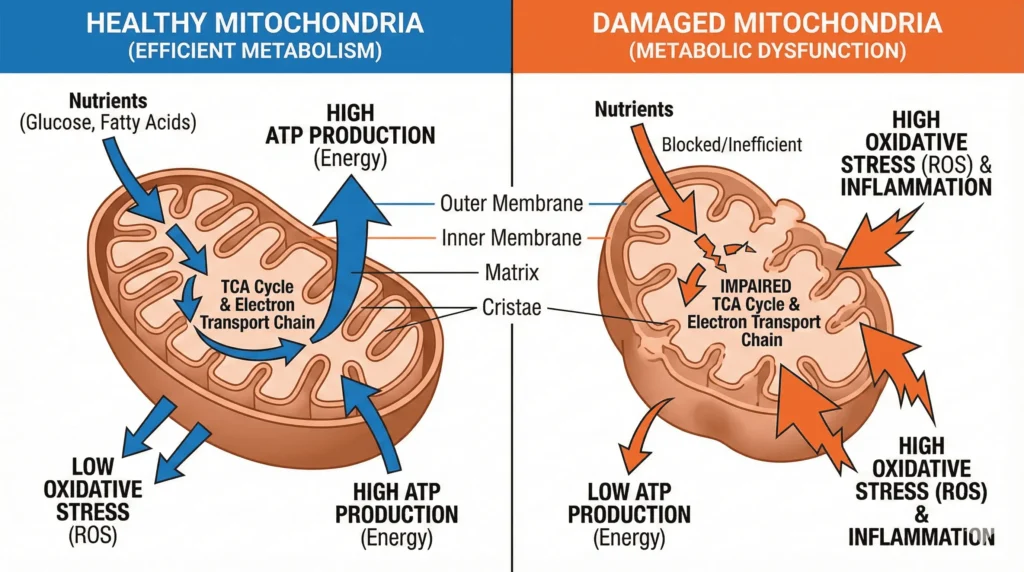 Scientific diagram showing how mitochondrial dysfunction affects metabolism, energy production, and weight loss in cells