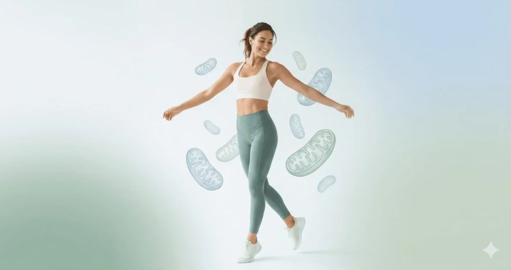 Woman feeling energetic and healthy after fixing mitochondrial dysfunction showing weight loss success and increased energy levels