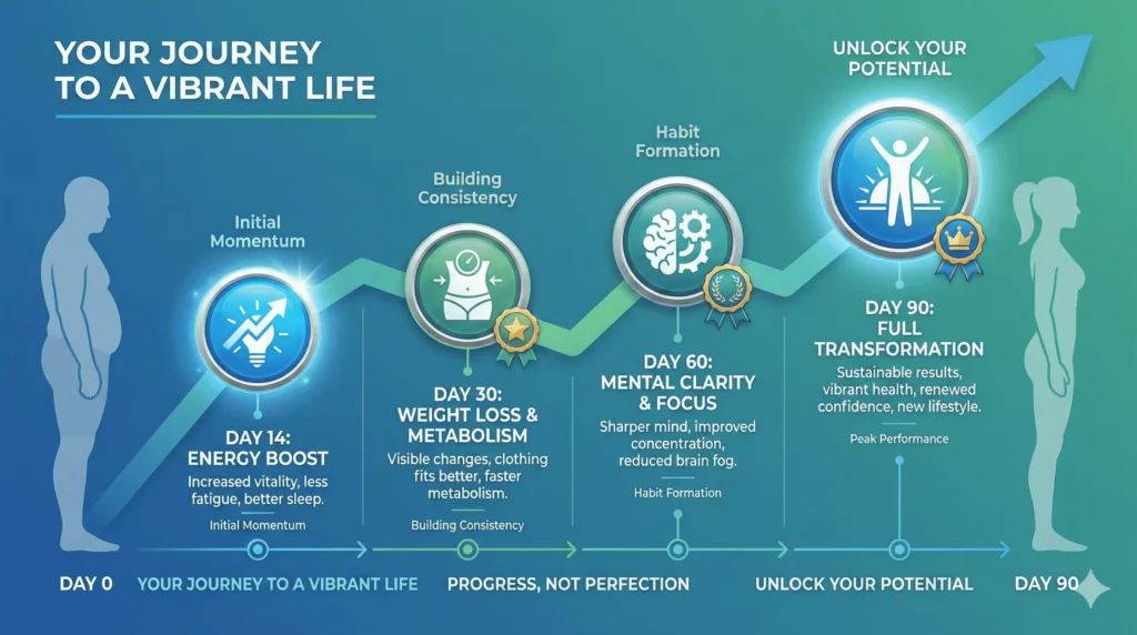 Timeline chart showing expected results from mitochondrial support over 90 days including energy levels, weight loss, and metabolic improvements