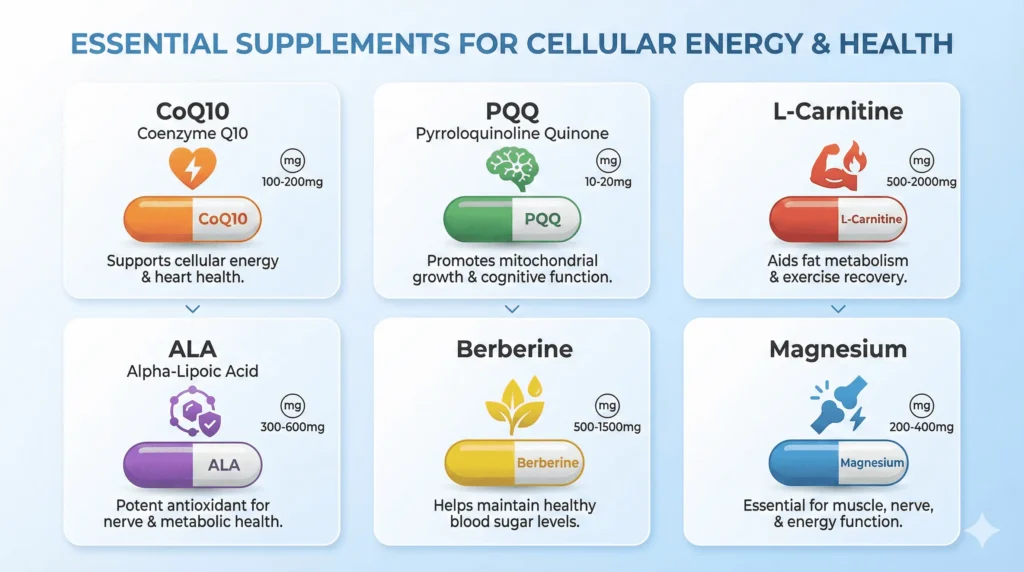 Infographic showing key mitochondrial support ingredients including CoQ10, PQQ, L-Carnitine, and their daily dosages for energy and metabolism