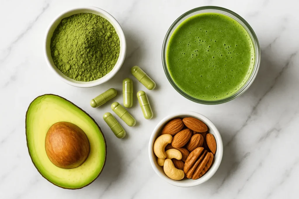 Moringa supplement with keto foods flat lay on marble background