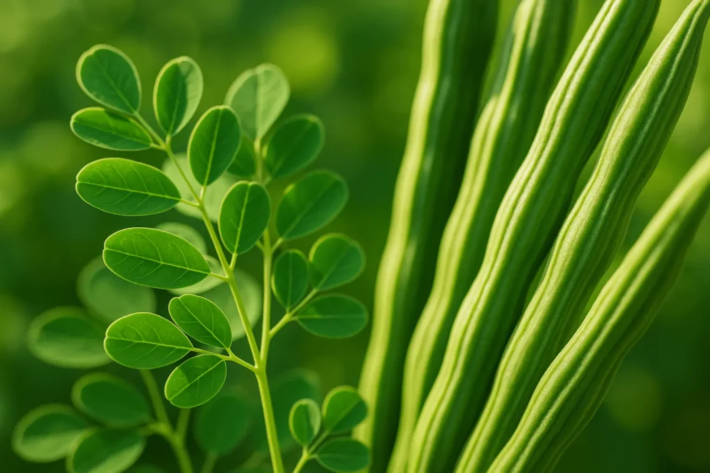 Moringa oleifera leaves and pods close-up in natural light